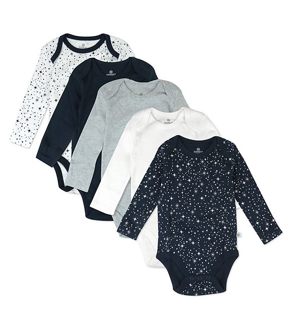 Color:Twinkle Star Navy - Image 1 - Baby Clothing - Baby Boys Newborn - 12 Months Long Sleeve Organic Cotton Bodysuit 5-Pack