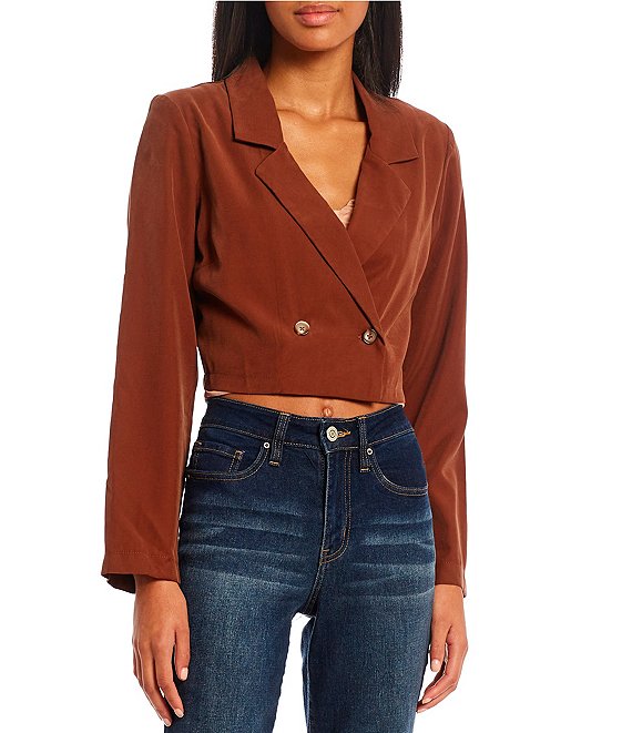 Color:Brown - Image 1 - Cropped Double-Breasted Blazer