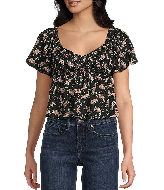 Honey & Sparkle Floral Print Smocked V-Neck Ruffle Short Sleeve Top, Black - Image 1