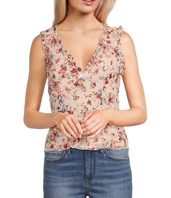 Honey & Sparkle Floral Print V-Neck Sleeveless Ruffle Edge