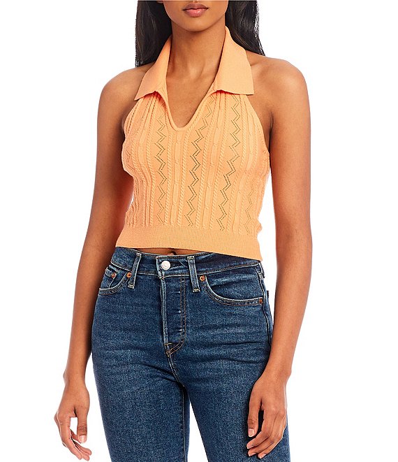 Color:Apricot Nectar - Image 1 - Johnny Collar Halter Pointelle Crop Top