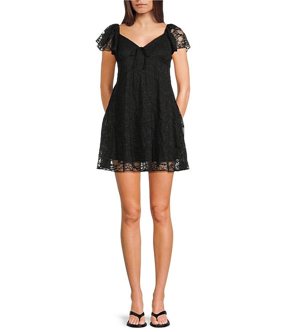 Honey & Sparkle Lace Flutter Sleeve Tie Front Mini Dress