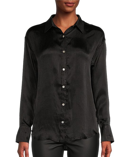 Color:Black - Image 1 - Satin Button Front Shirt