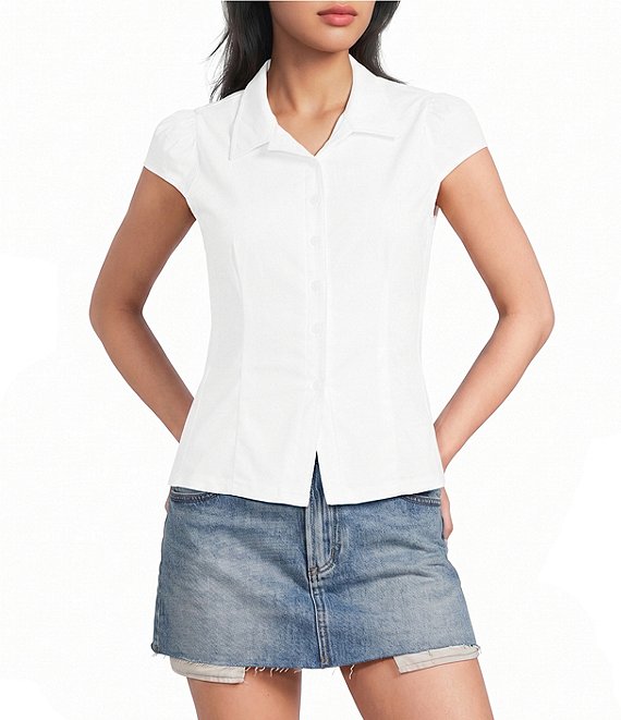Honey & Sparkle Short Puff Sleeve Point Collar Button Front Top