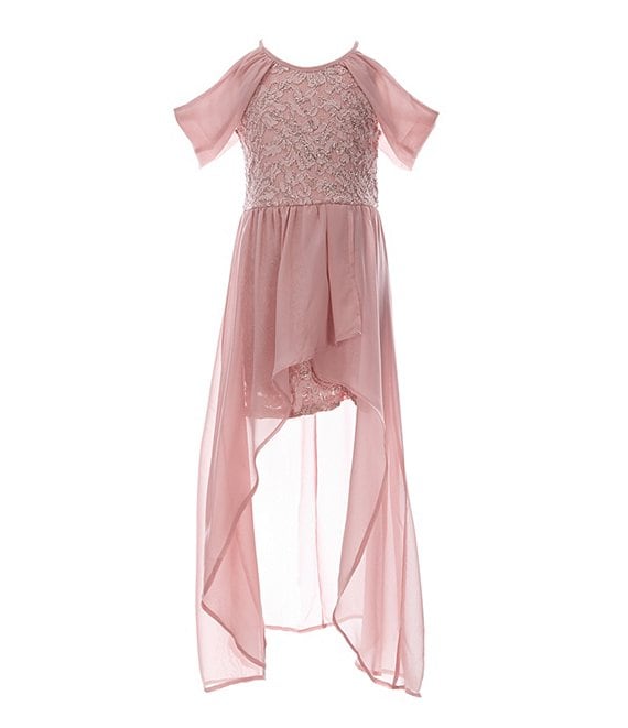 Color:Mauve - Image 1 - Big Girls 7-16 Glitter-Accented Lace/Chiffon-Overlay-Skirted Walk-Through Dress