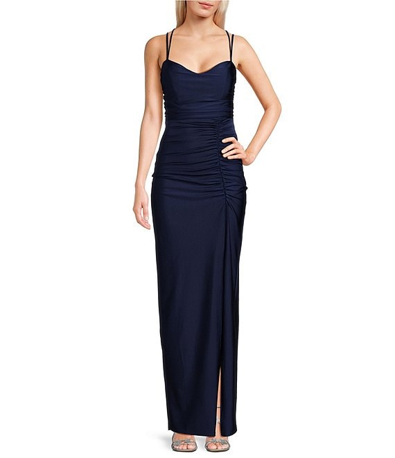 Honey and Rosie Cowl Neck Lace-Up Back Front Slit Long Dress | Dillard's