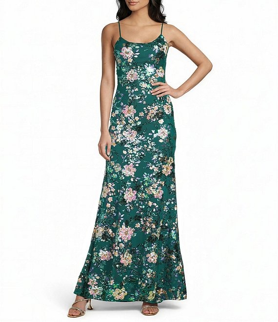 Honey and Rosie Floral Patterned Sequin Scoop Neck & Back Flared Hem Long Dress