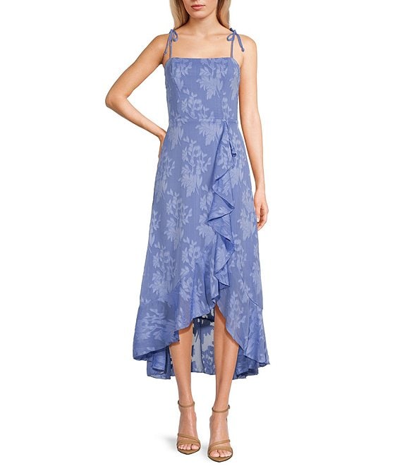 Floral Tie Strap Ruffle Side Slit Midi Dress | Dillard's