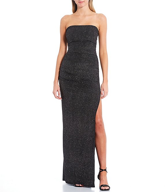 Color:Black/Multi - Image 1 - Glitter Velvet Strapless Long Dress