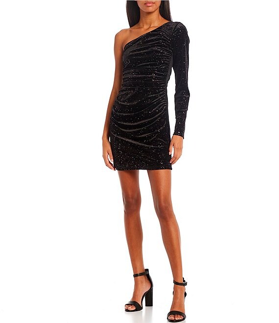 Color:Black/Multi - Image 1 - One Shoulder Long Sleeve Glitter Velvet Shirred Dress