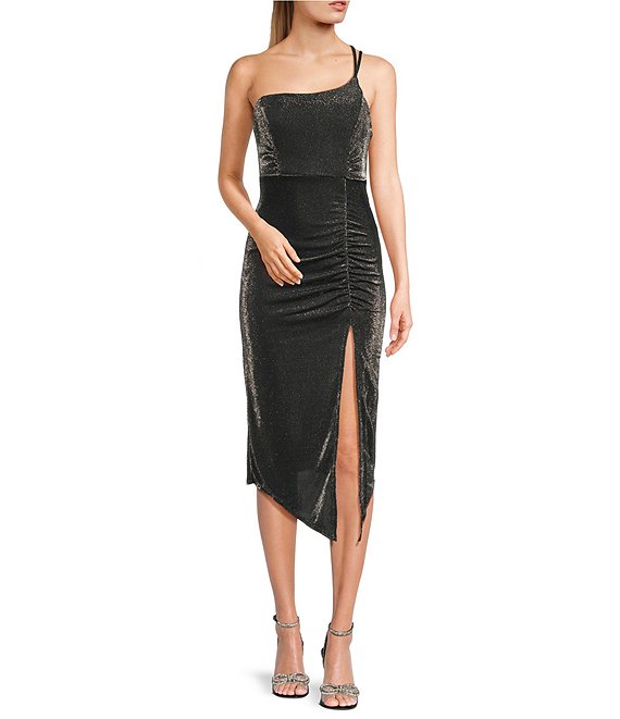 Color:Black/Silver - Image 1 - One-Shoulder Shirred Side Slit Midi Dress