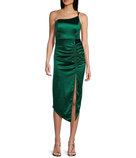 One Shoulder Shirred Side Slit Satin Midi Dress | Dillard's