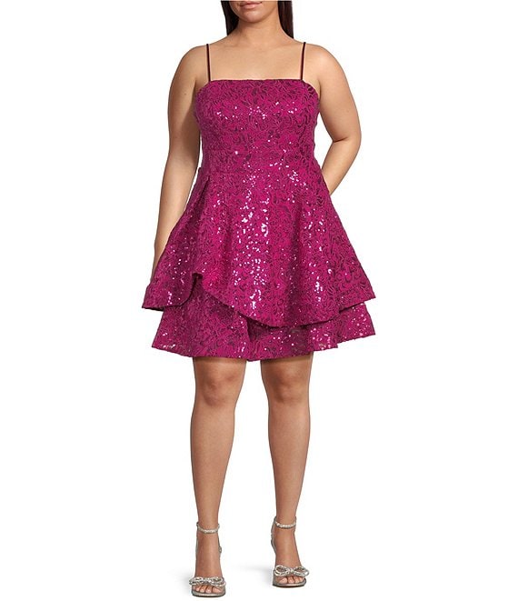 Honey and Rosie Plus Size Sequin Cord Embroidered Lace Mesh Fit And Flare Dress, Fuchsia - Image 1
