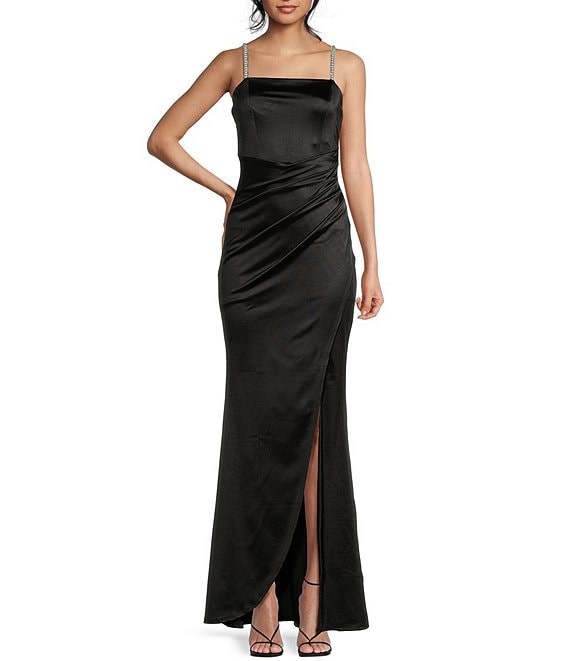 Honey and Rosie Rhinestone Strap Faux Wrap Shirred Long Dress | Dillard's