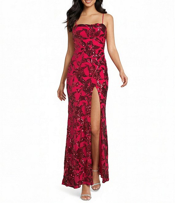 Honey and Rosie Sequin Patterned Straight Neck Side Slit Long Dress