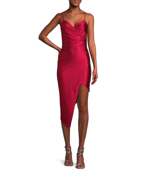 Honey and Rosie Spaghetti Strap Asymmetrical Hem Faux-Wrap Shimmery Stretch  Satin Dress | Dillard's