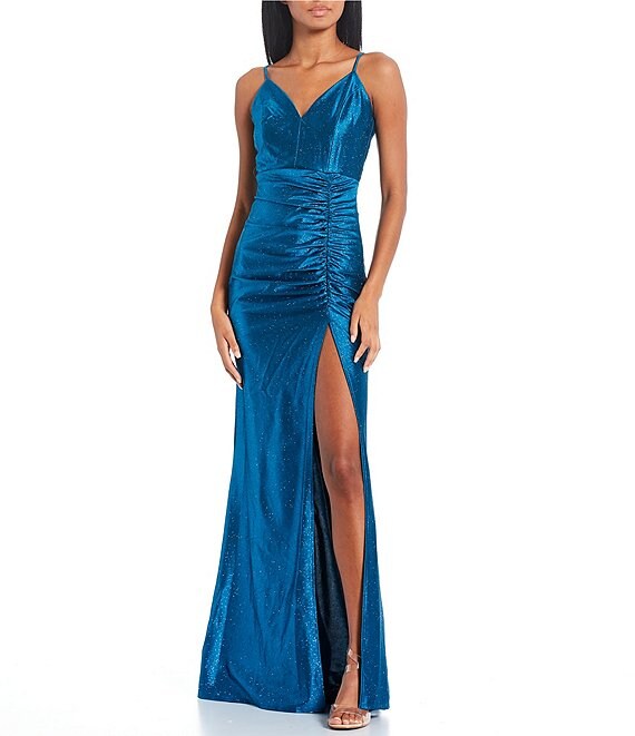 Honey and Rosie Spaghetti Strap V-Neck Ruched Slit Metallic Glitter ...