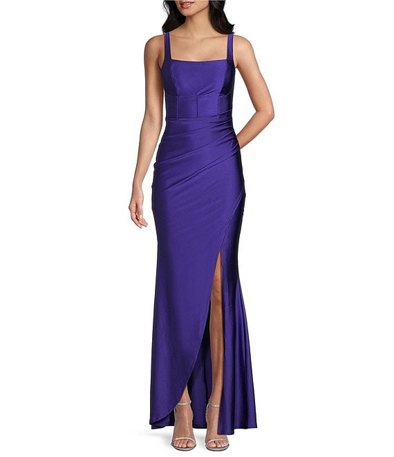 Honey and Rosie Square Neck Corset Inspired Envelope Front Pleated Dress, Amethyst - Image 1