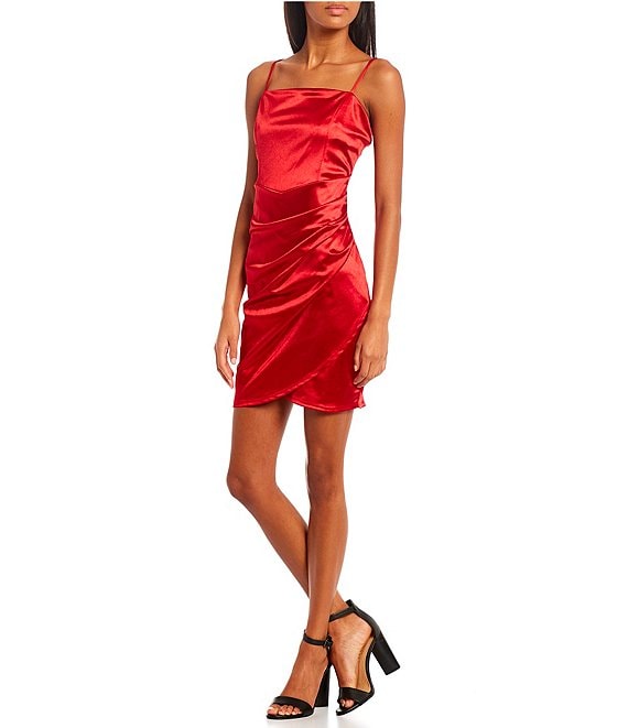 Honey and Rosie Square Neck Stretch Satin Faux-Wrap Ruched Side Tulip ...