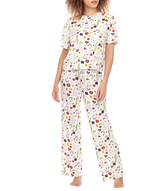 Color:Ivory Botanical - Image 1 - All American Floral Print Jersey Knit Crew Neck Short Sleeve Pajama Set