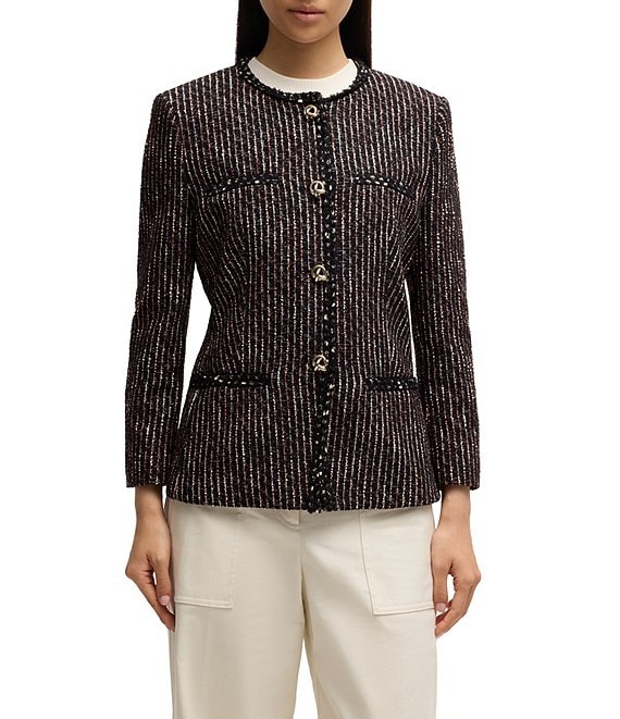 Hugo Boss Jia Monochrome Stripe Tweed Round Neck Long Sleeve