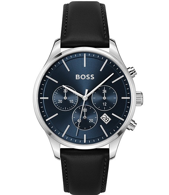 HUGO BOSS Men's Silver and buy Black Leather Watch