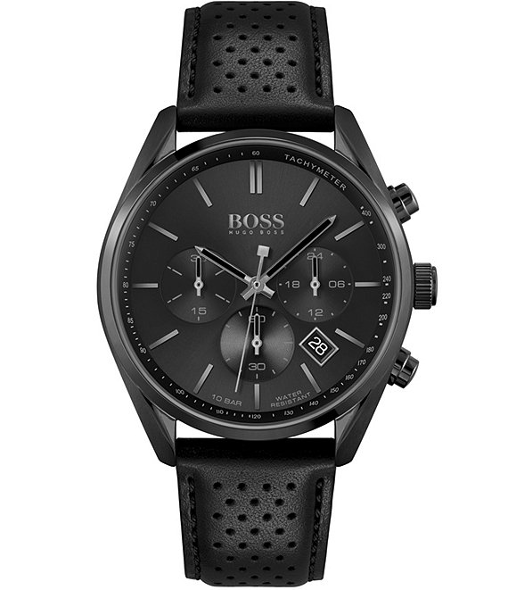Color:Black - Image 1 - Men's Chronograph Champion Black Perforated Leather Strap Watch