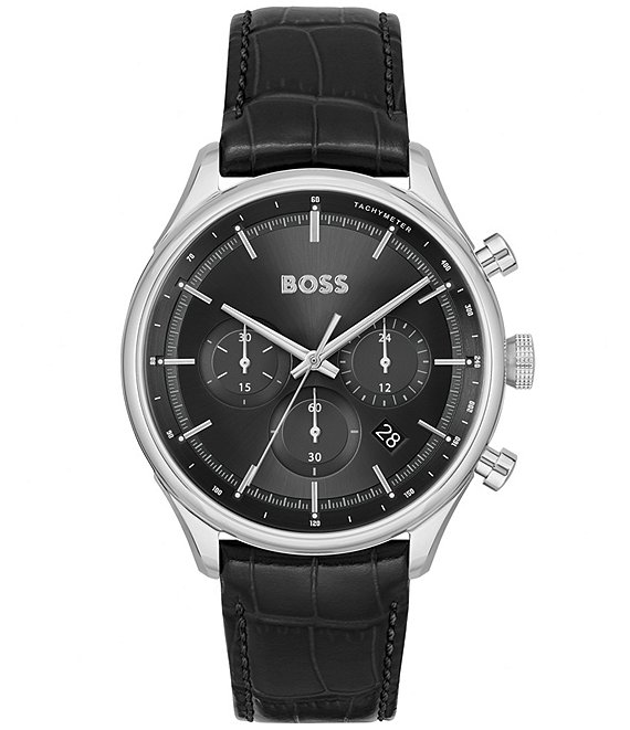 HUGO BOSS Men's Silver and buy Black Leather Watch