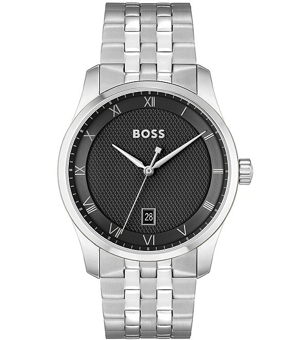 Color:Silver - Image 1 - Men's Principle Quartz Analog Stainless Steel Black Dial Bracelet Watch