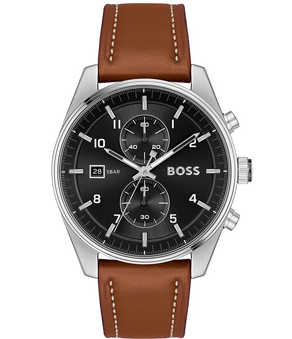 Hugo Boss Men's Skytraveller Chronograph Brown Leather Strap Watch ...