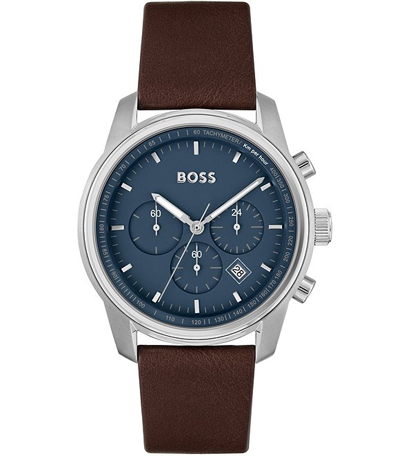 Hugo Boss Men's Tace Quartz Chronograph Brown Leather Strap Watch ...