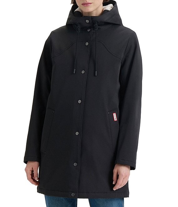 Hunter Billie Canvas Hooded Stand Collar Metal Snap Front Water Resistant Rain Jacket, Black - Image 1