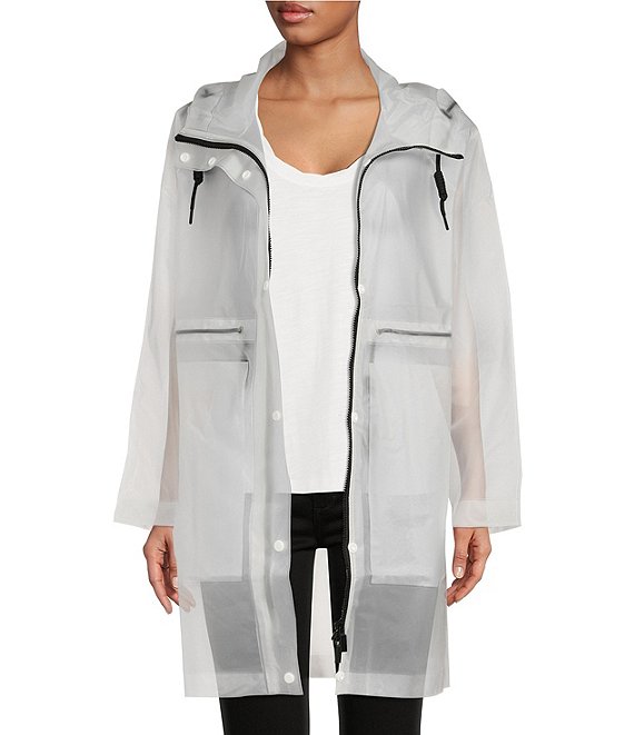 Color:White - Image 1 - Play Transparent Hooded Stand Collar Long Sleeve Rain Parka