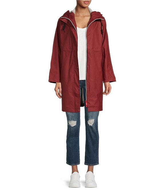 Color:Fall Red - Image 1 - Hooded Stand Collar Button Front Rain Jacket