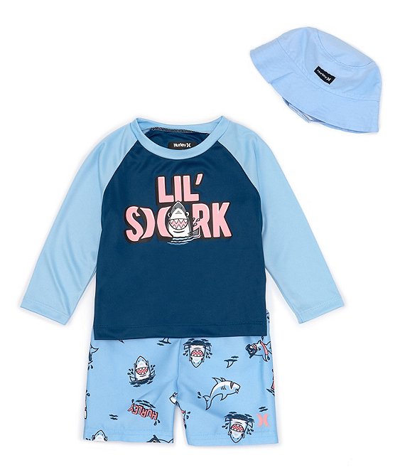 Hurley Baby Boys 12 24 Months Raglan Sleeve Color Block Jersey T Shirt Printed Supersuede Swim Trunks Hat Set Dillard s