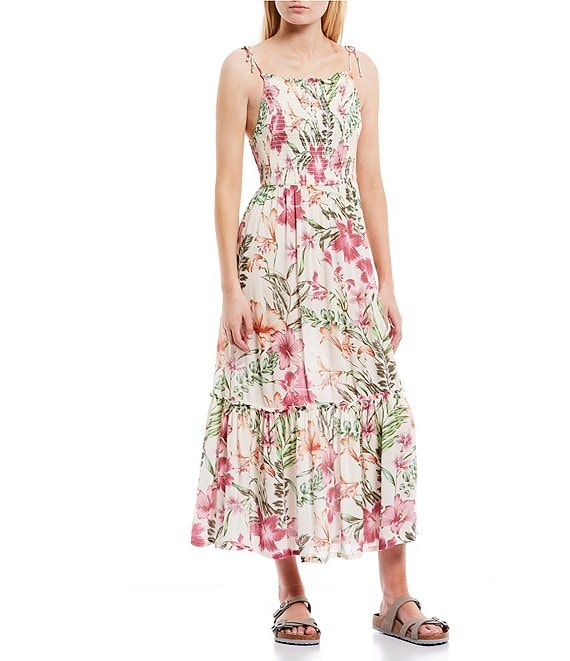 Hurley Botanic Wonder Floral Print Ruffle Tiered Smocked Midi Dress ...