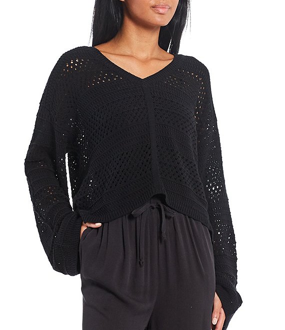 Color:Black - Image 1 - Easy Times Long Sleeve Crochet Sweater