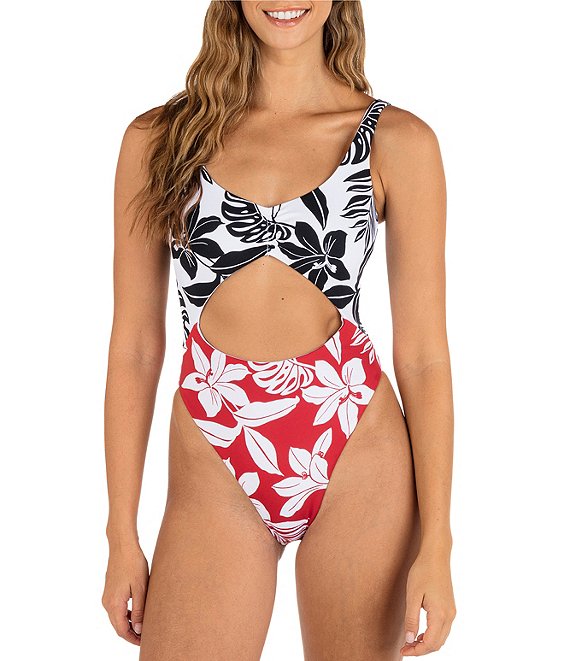 Hurley Hibiscus Block Mixed Floral Print Scoop Neck Ultra High Leg Cut-Out  Cheeky One Piece Swimsuit