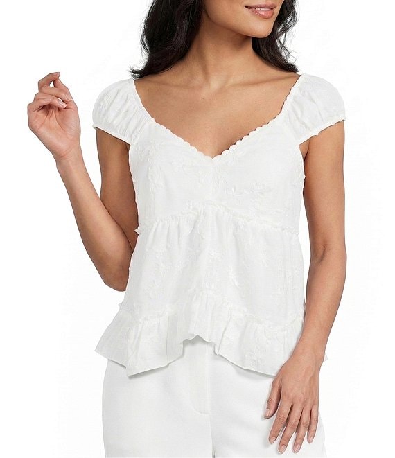 I.N San Francisco Embroidered Deep V-Neck Baby Doll Hankerchief Top