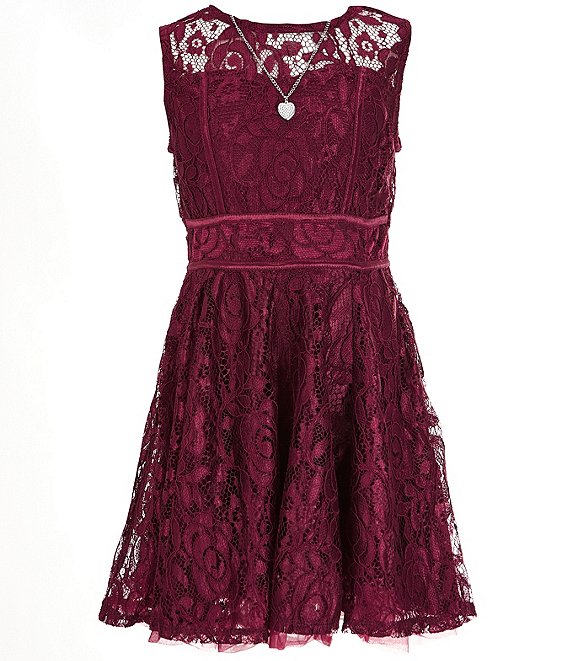 Color:Wine - Image 1 - Big Girls 7-16 Sleeveless Lace Fit-And-Flare Dress