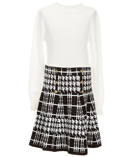 I.N. Girl Big Girls Long Sleeve Solid/Houndstooth Fit-And-Flare Dress, Ivory - Image 1