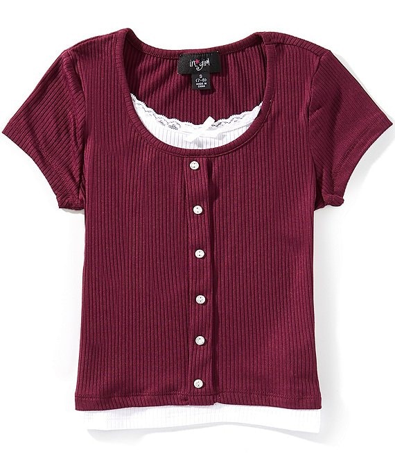I.N. Girl Big Girls Short-Sleeve Faux-Button-Front Two-Fer Top, Wine - Image 1