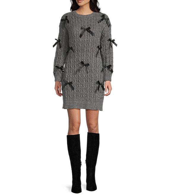 I.N. San Francisco 3D Bow Cable Knit Long Sleeve Sweater Dress