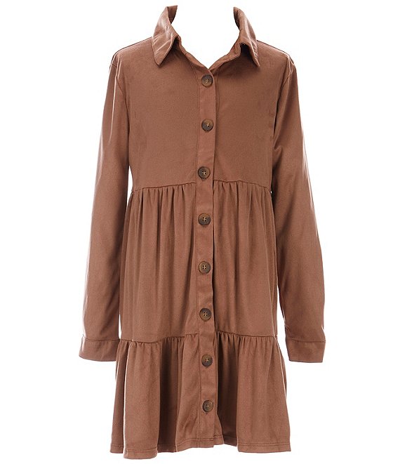 Color:Camel - Image 1 - Big Girls 7-16 Long-Sleeve Button-Front Faux-Suede Shirtdress