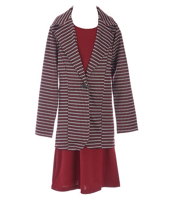 Color:Wine - Image 1 - Big Girls 7-16 Long-Sleeve Plaid Jacket & Sleeveless Solid A-Line Dress Set