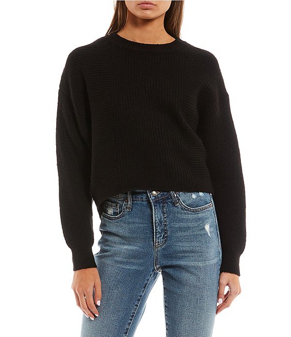 Color:Black - Image 1 - Cropped Long Sleeve Crew Neck Pullover Sweater