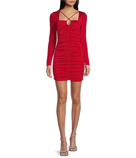 I.N. San Francisco Cross Front Strap Long Sleeve Ruched Bodycon Dress |  Dillard's