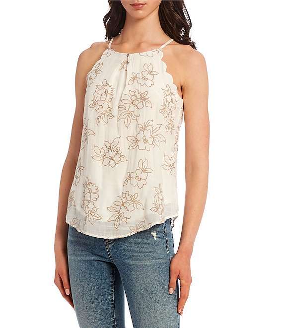 Color:White Coral - Image 1 - Embroidered Floral Sleeveless Top