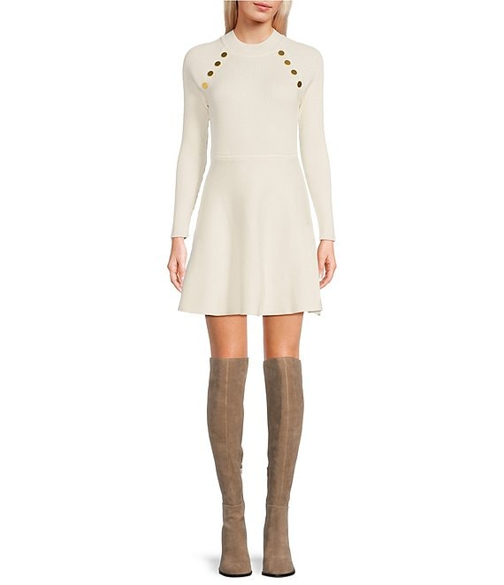 Color:Ivory - Image 1 - Fit-And-Flare Gold Button Mock Neck Sweater Dress