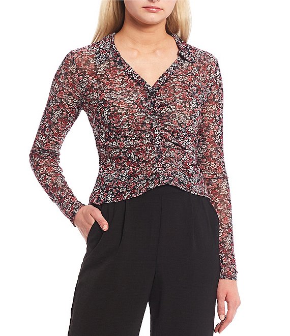Color:Pat A - Image 1 - Long Sleeve Collared Button Front Floral Printed Ruched Top